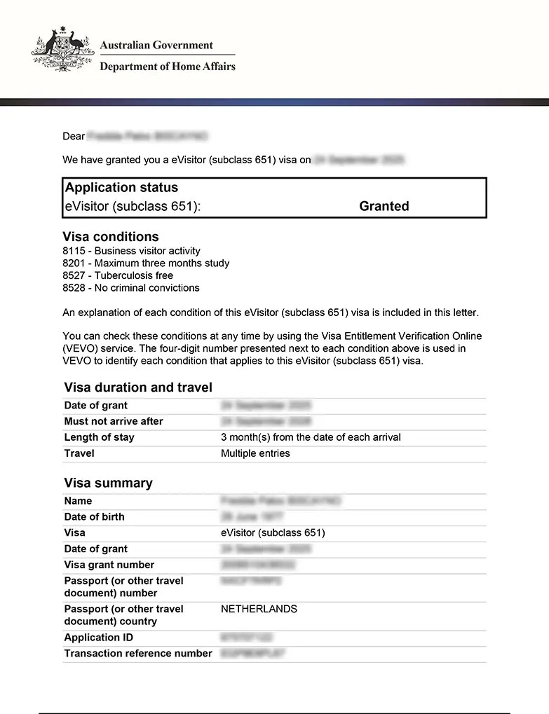 Esempio di visto per l'Australia